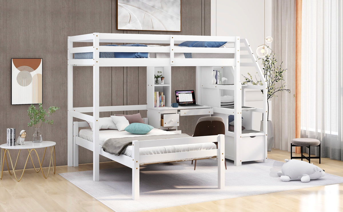 Wood Twin Bunk Loft Bed with Desk, Drawers and Shelf, White S86712