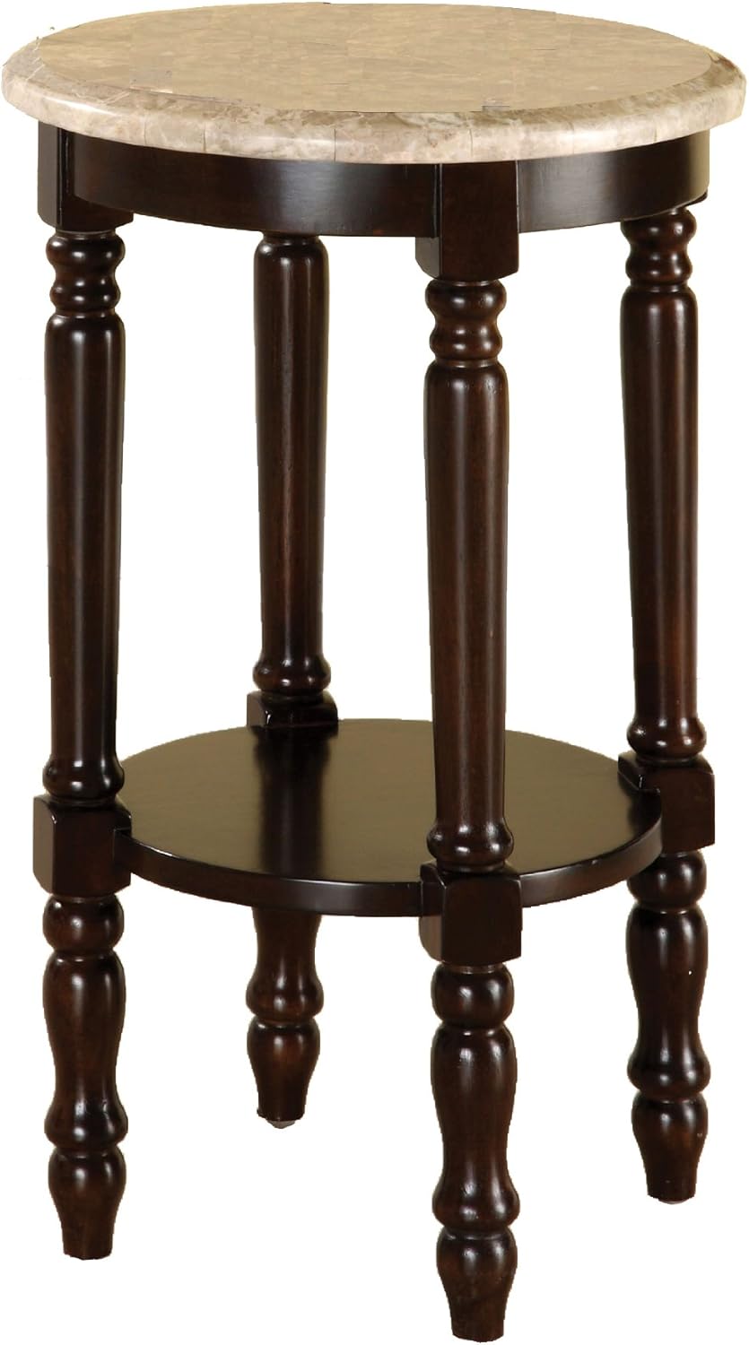 Round Stand with Genuine Marble Top, Dark Cherry Finish T1422
