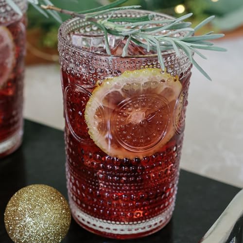 Hobnail Beaded Floral Rose Gold Drinking Glasses Set of 6, 13 oz Glassware Set U32019