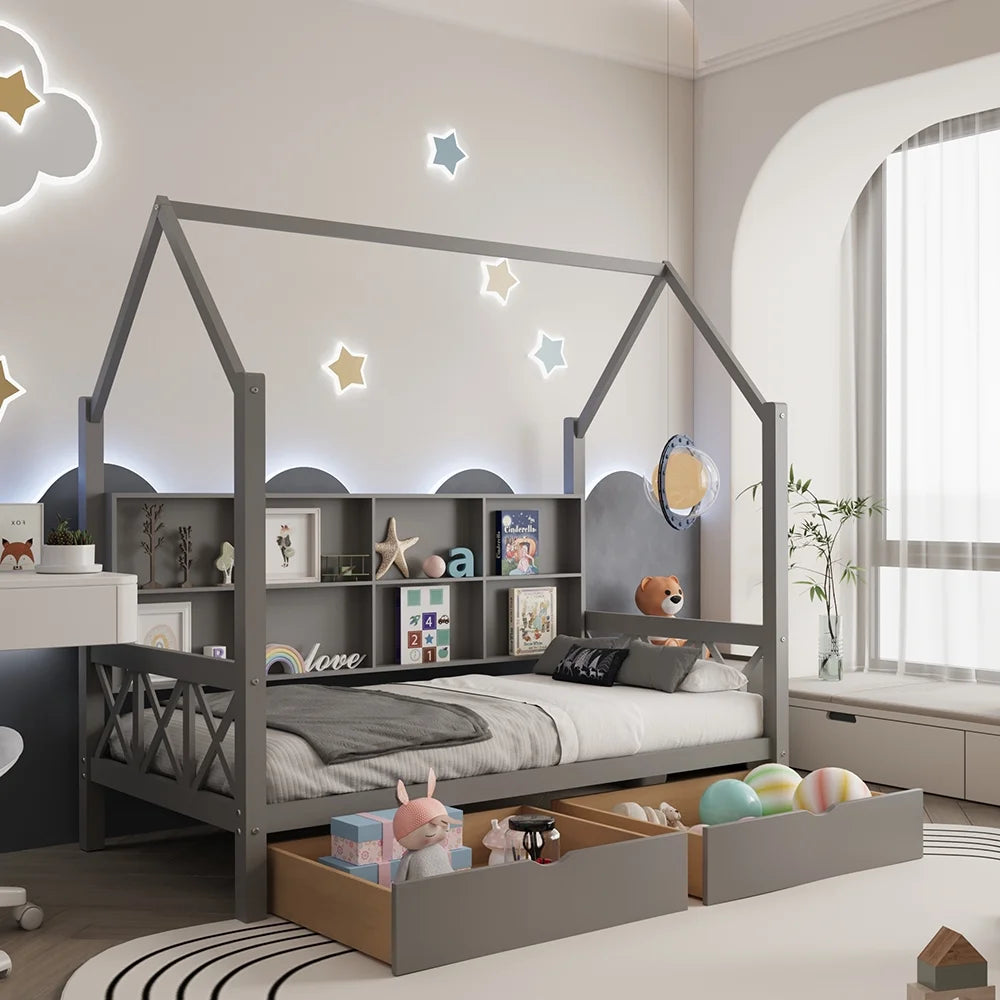 Twin House Bed with Trundle and Storage Shelve H174601