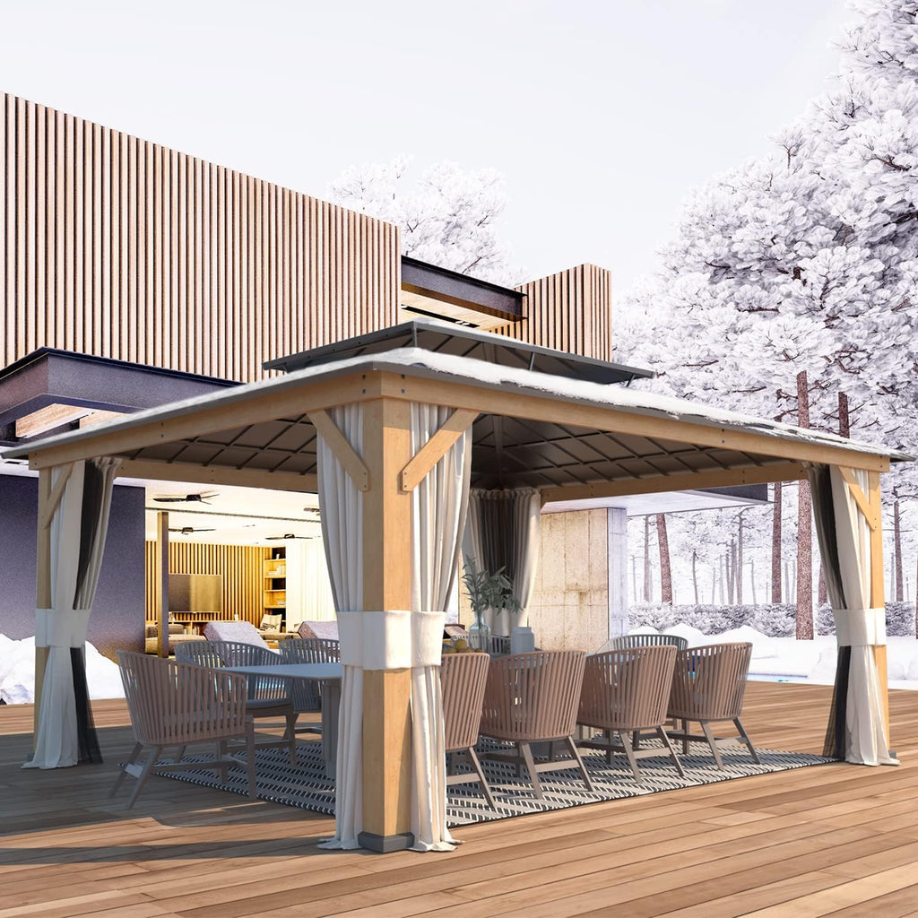 13'x15' Wood Gazebo with Netting and Curtains Q62778