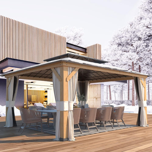 13'x15' Wood Gazebo with Netting and Curtains Q62778