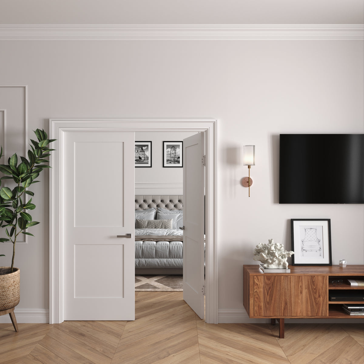 White Primed Double Prehung French Door with Black Hinges F7577