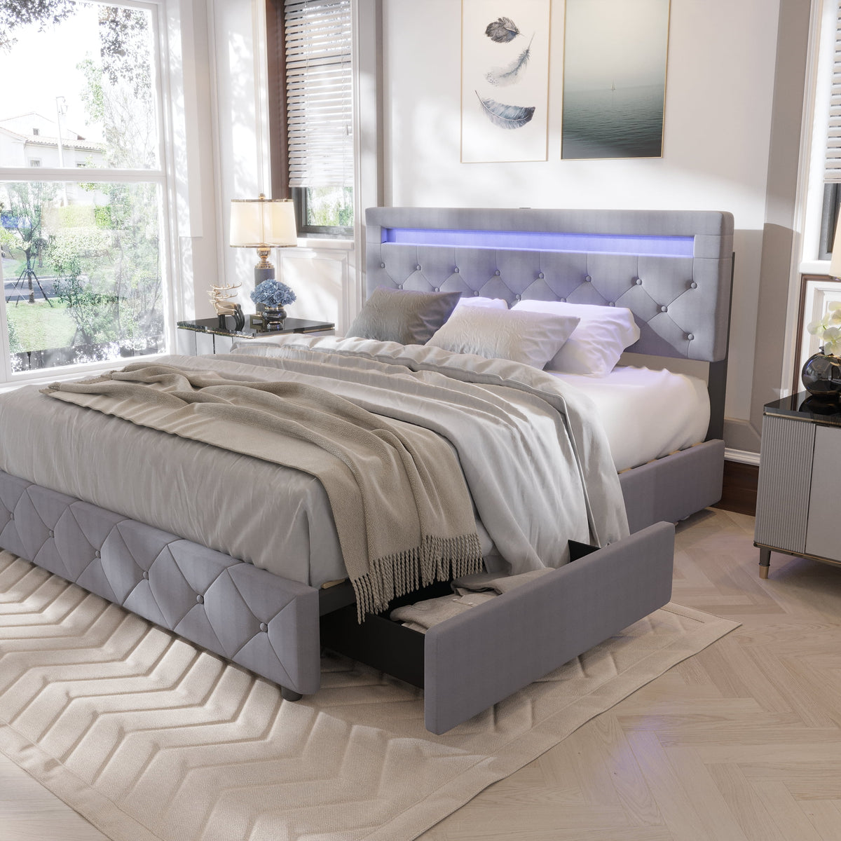 Full Size Upholstered Platform Bed Frame with LED Light Headboard I618