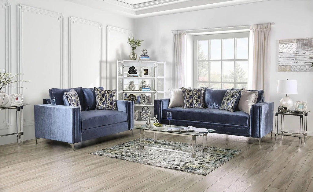 Satin Blue & Silver Microfiber Loveseat P2732
