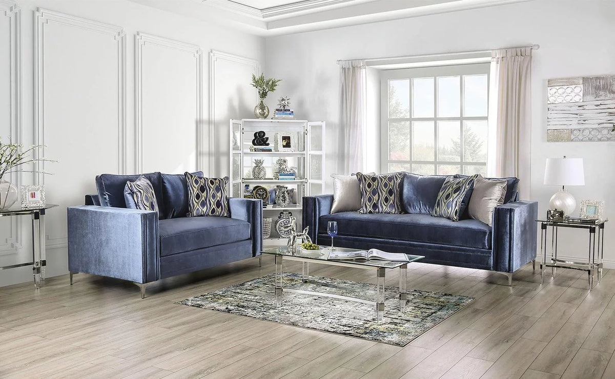 Satin Blue & Silver Microfiber Loveseat P2732
