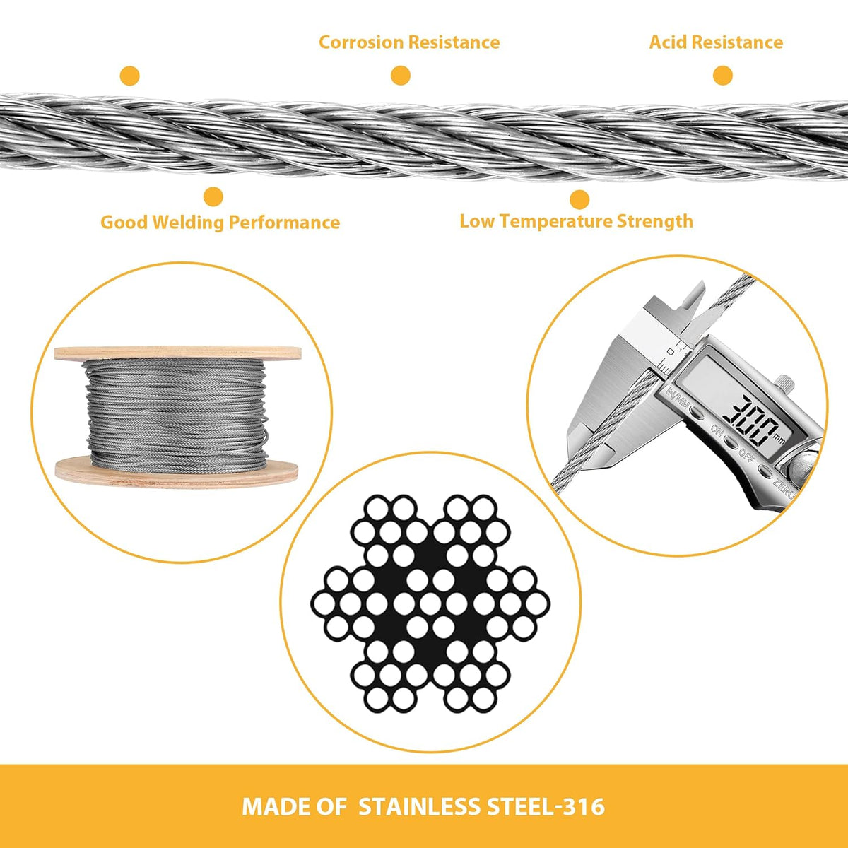 1/8 Stainless Steel Cable Wire Rope, 400FT T316 7x7 Strand Core H18920