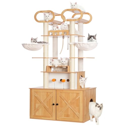 76.8-inch Wooden Cat Tree with Litter Box Enclosure and Scratching Post I49415