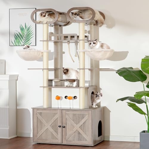 76.8-inch Wooden Cat Tree with Litter Box Enclosure and Scratching Post I49415