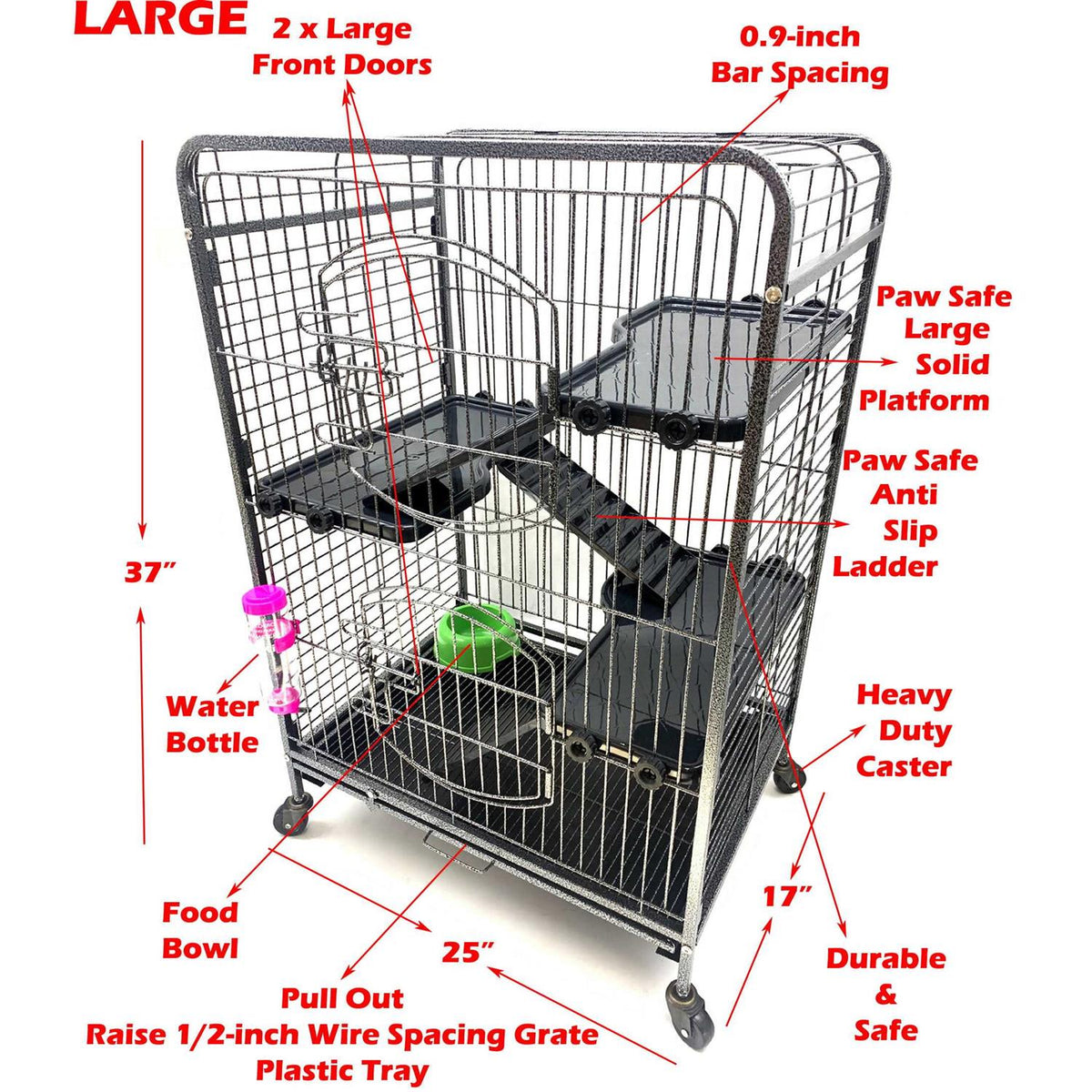 37 inch 4-Solid Tiers Metal Guinea Pig Cage with Solid Platforms and Ladders S688254