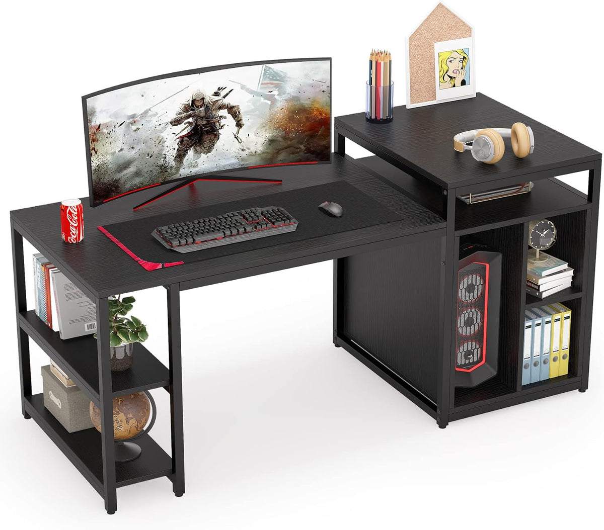 Extra Large Computer Desk with Storage Shelf and Cabinet, Dark Walnut O80800