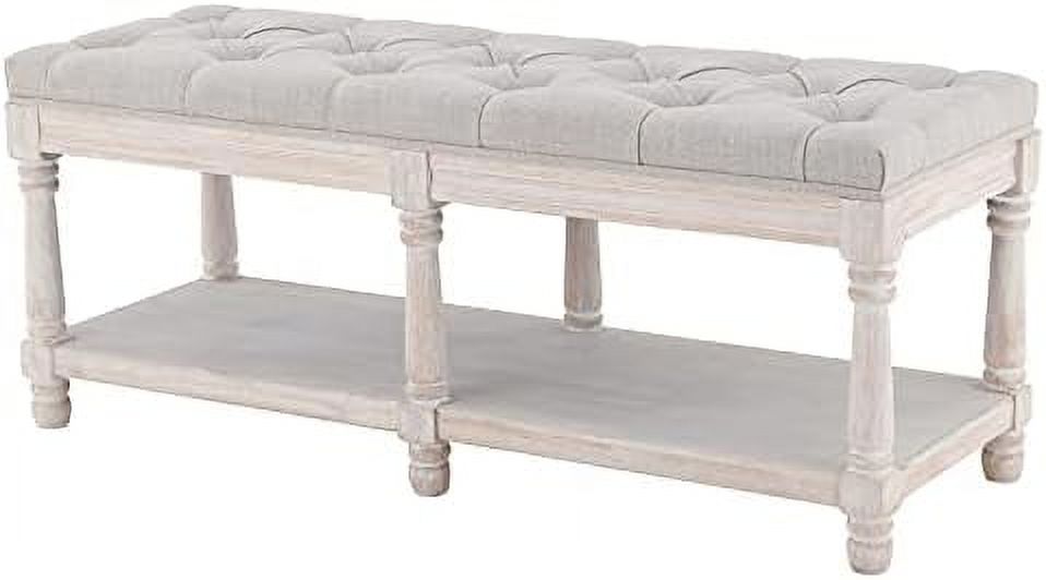 Beige Tufted Wood Entryway Bench S153