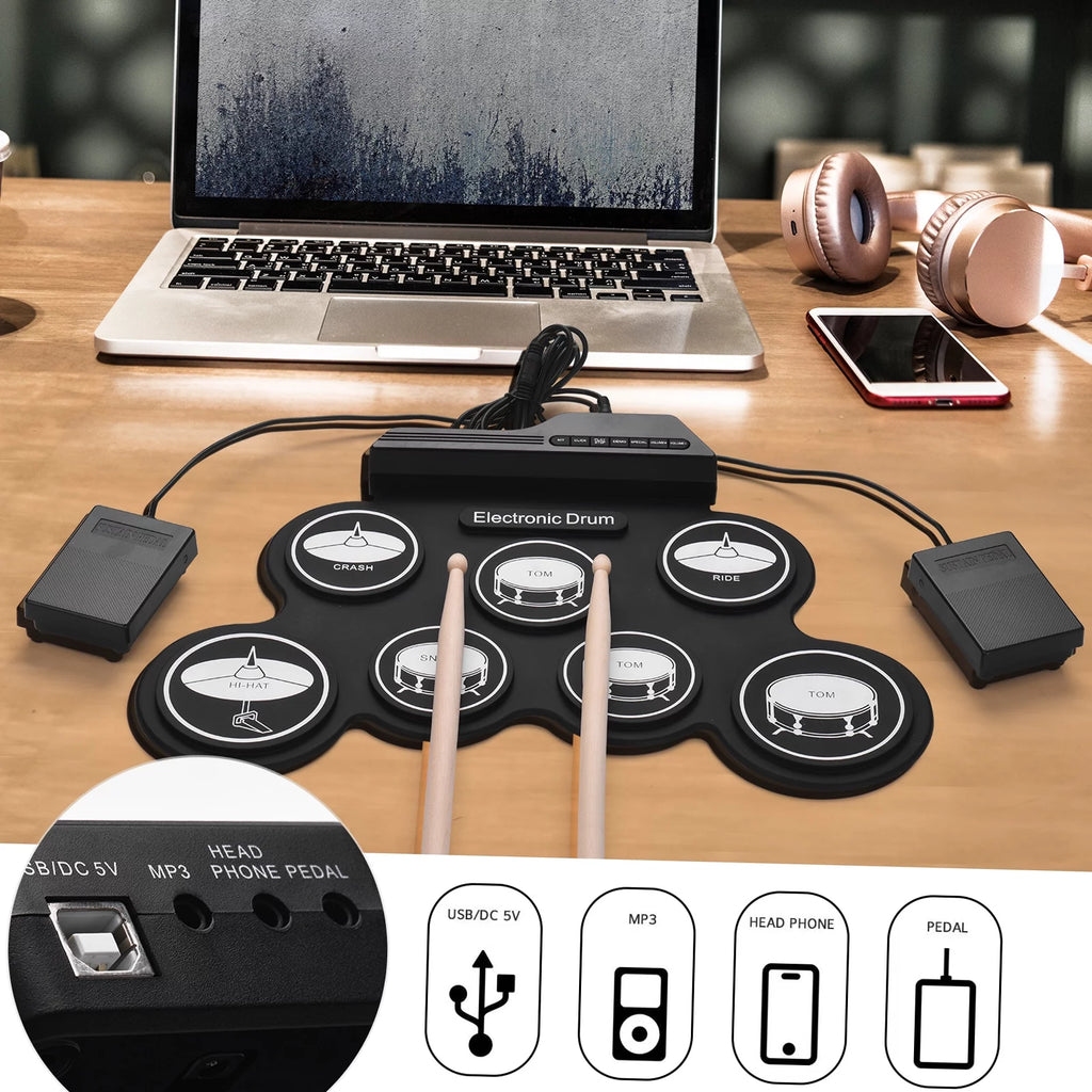 Compact USB Silicon Drum Set with 7 Drum Pads Drumsticks Foot Pedals X5259