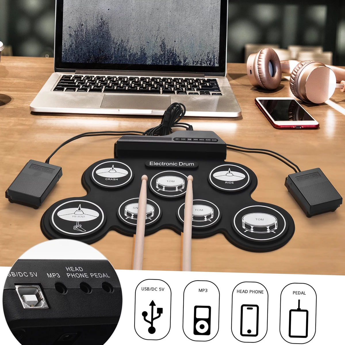 Compact USB Silicon Drum Set with 7 Drum Pads Drumsticks Foot Pedals X5259