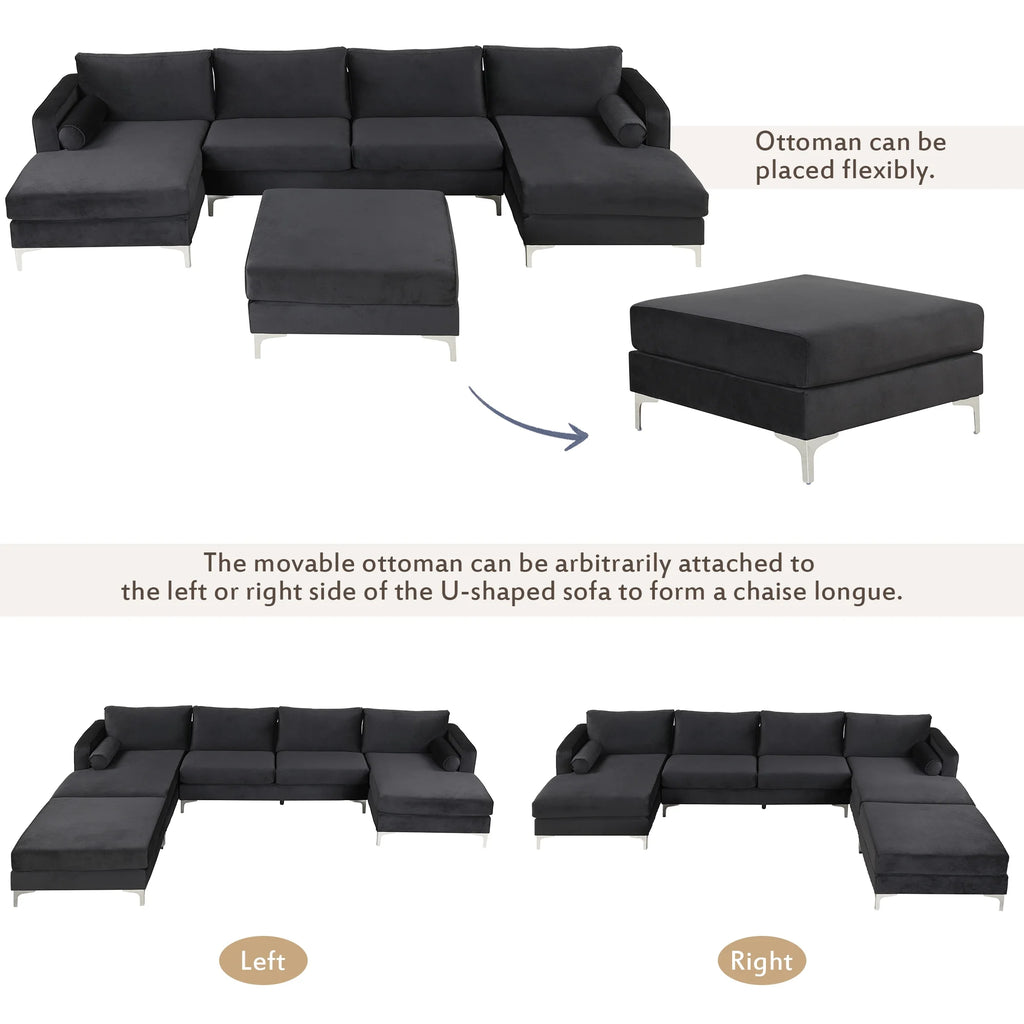 Black Velvet U-Shape Sectional Sofa with Ottoman D255