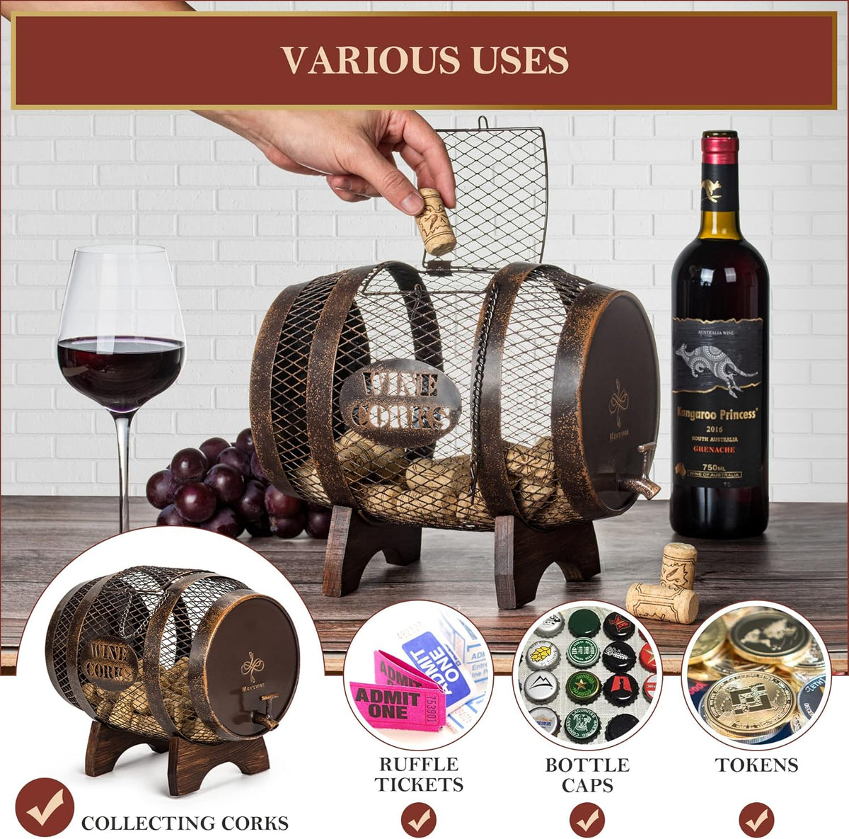 Rustic Metal Large Barrel Wine Cork Holder Display On Wooden Stand N36402