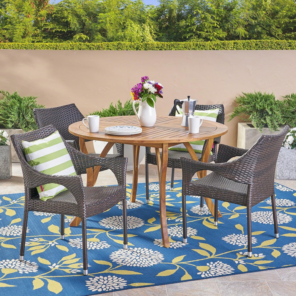 5 Piece Acacia Wood and Wicker Dining Set Z1045