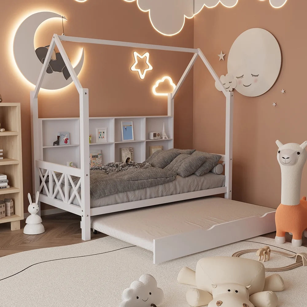 Twin House Bed with Trundle and Storage Shelve H174601