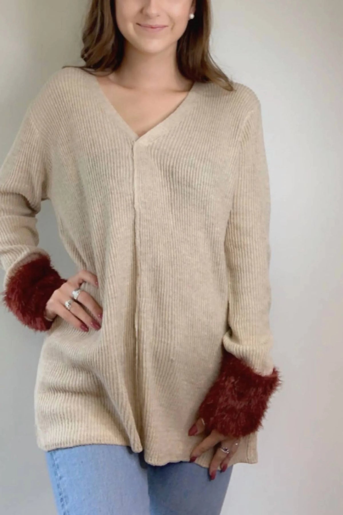 V Neck Sweater With Fur Accent Cuffs C57970