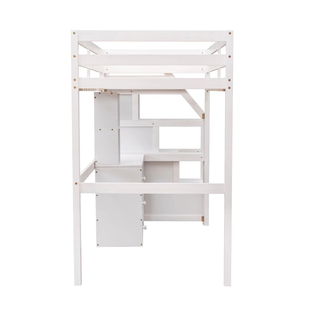 Wood Twin Bunk Loft Bed with Desk, Drawers and Shelf, White S86712