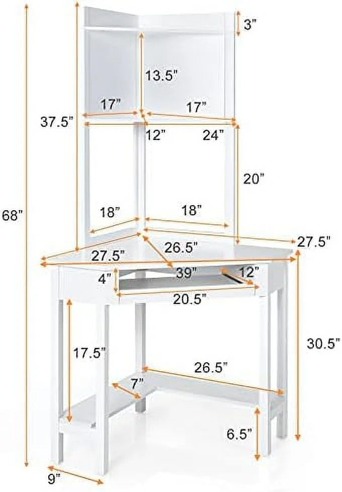 White Corner Computer Desk with Hutch and Shelves R126