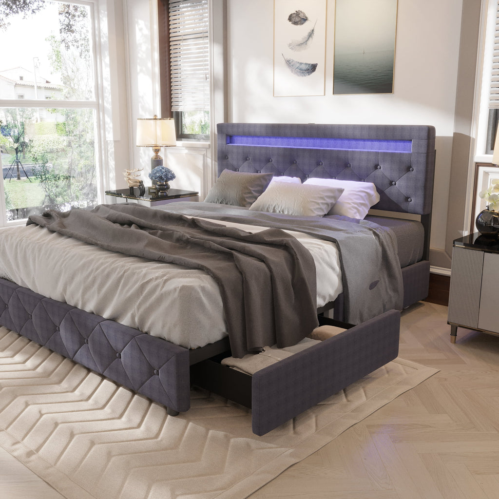 Full Size Upholstered Platform Bed Frame with LED Light Headboard I618