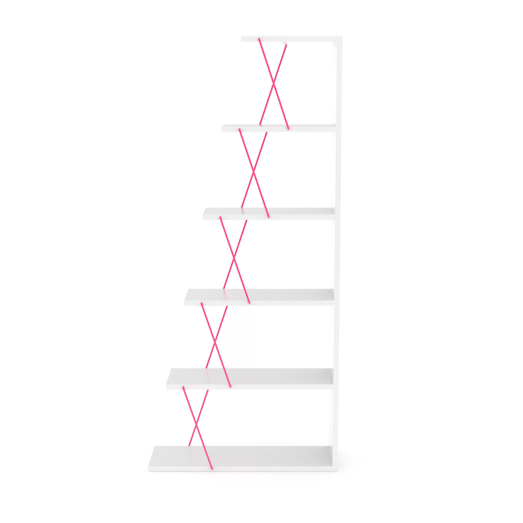Modern 5 Tier Ladder Bookshelf, White/Pink S91658