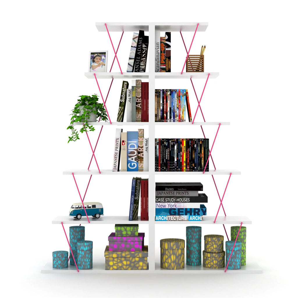 Modern 5 Tier Ladder Bookshelf, White/Pink S91658