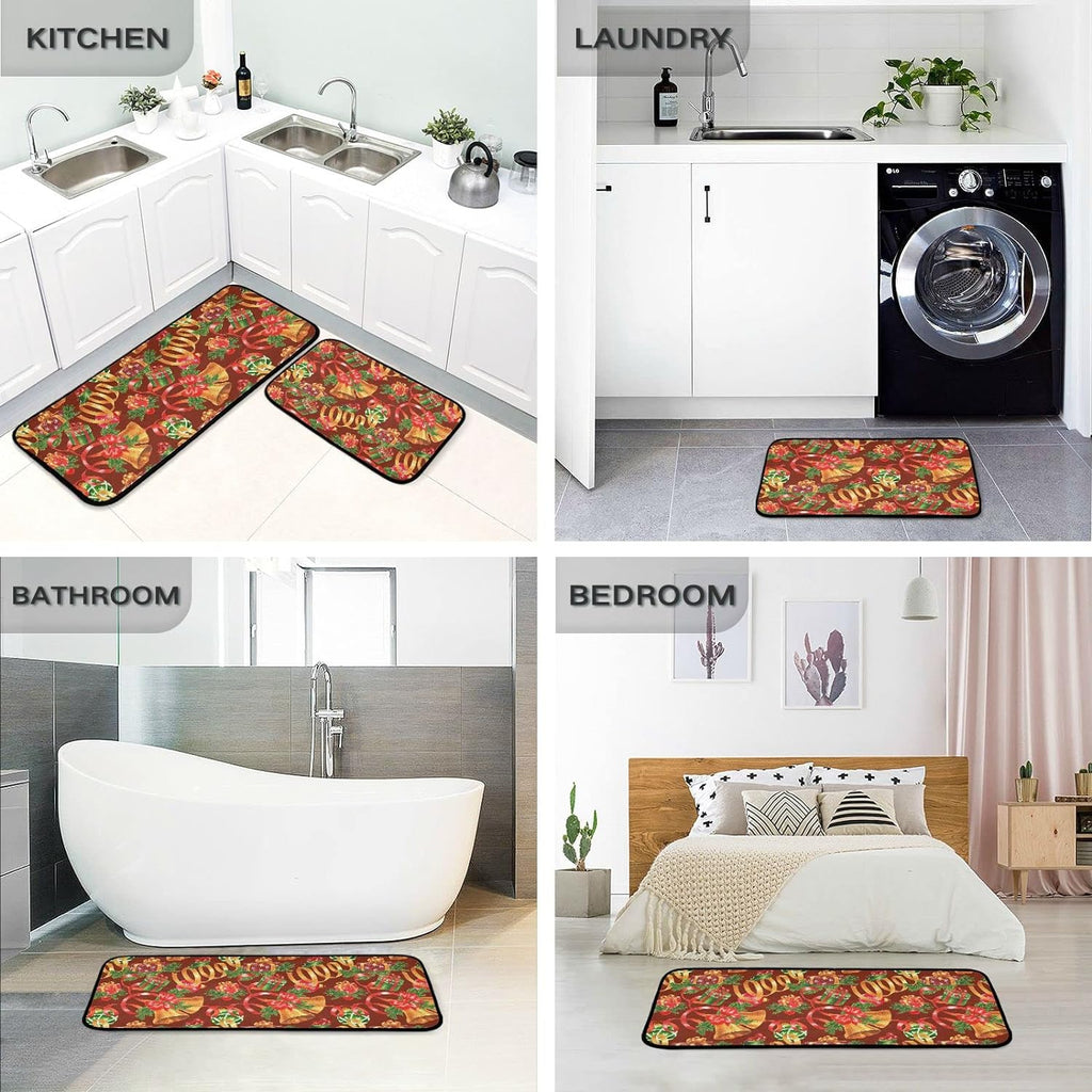 Christmas Jingling Bells Kitchen Mats Set of 2 Anti Fatigue Non Slip Floor Runner Rug 19.7x27.6 Inch + 19.7x47.2 Inch I790