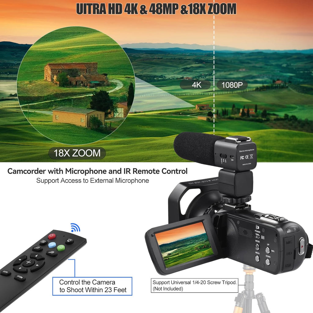 4K 48MP 3.0 Inch IPS Touch Screen Camcorder with Microphone and 2 Batteries (Black) J774