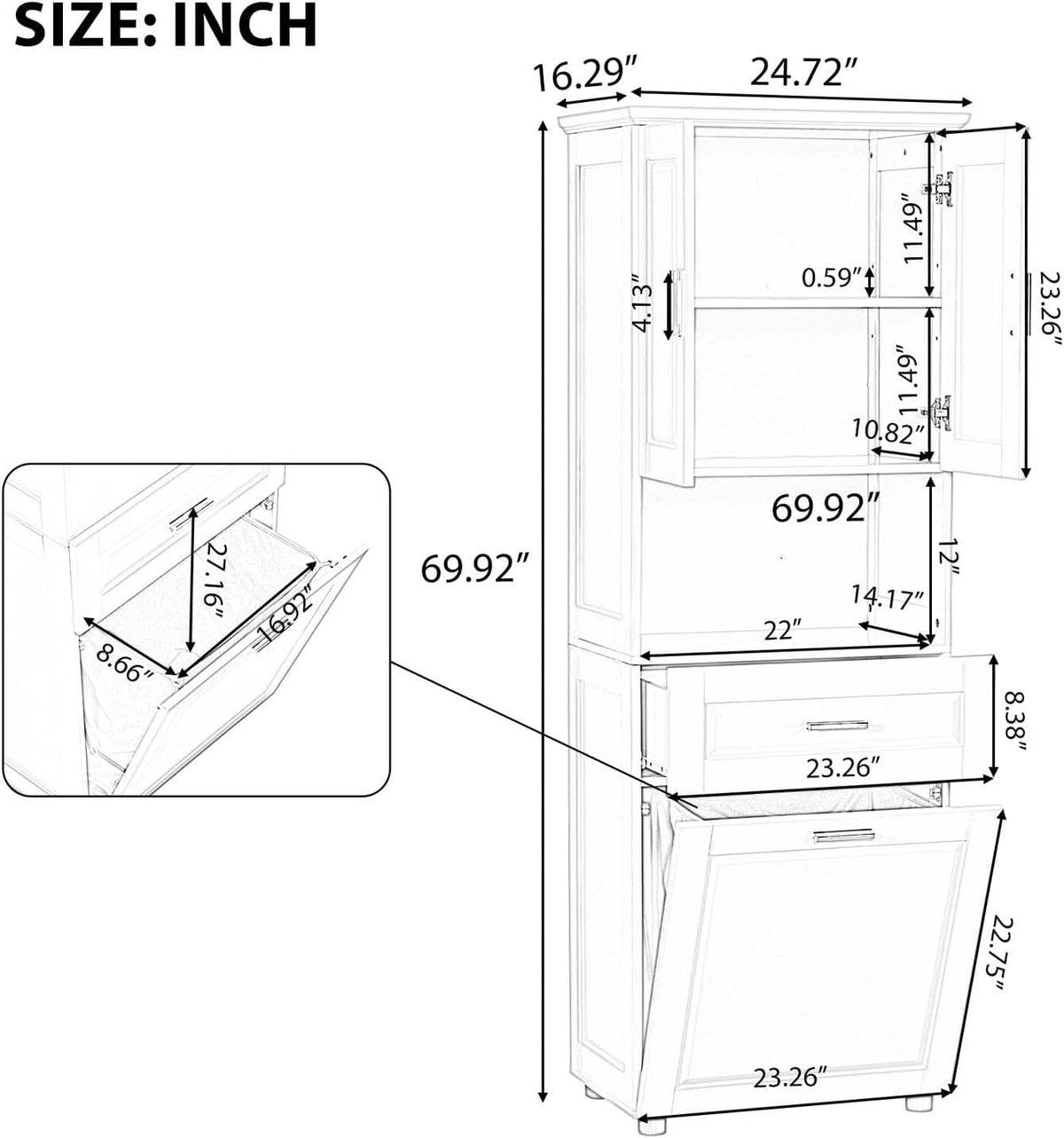 70" Tall Tilt Out Laundry Hamper Cabinet with 2 Doors and Adjustable Shelf Z9122