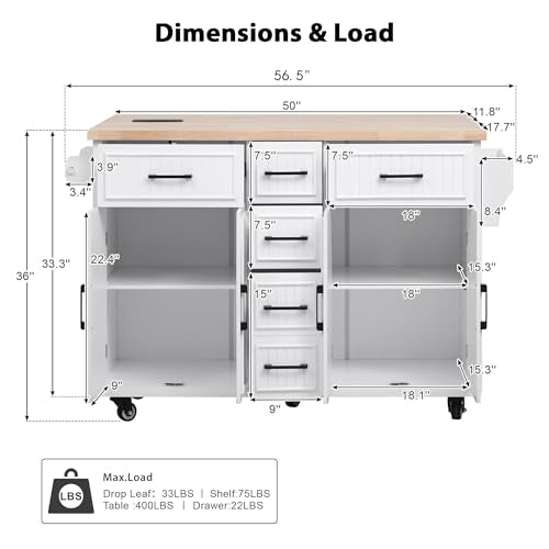 56.5" Rolling Kitchen Island with Drop Leaf, Power Outlet, 4 Doors, 5 Drawers, Black E357979