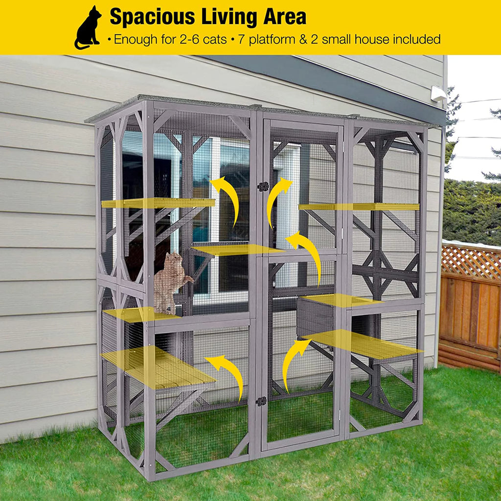 Cat Enclosure, 5-Platform Wooden Cat House with Asphalt Roof, 71 in M1900