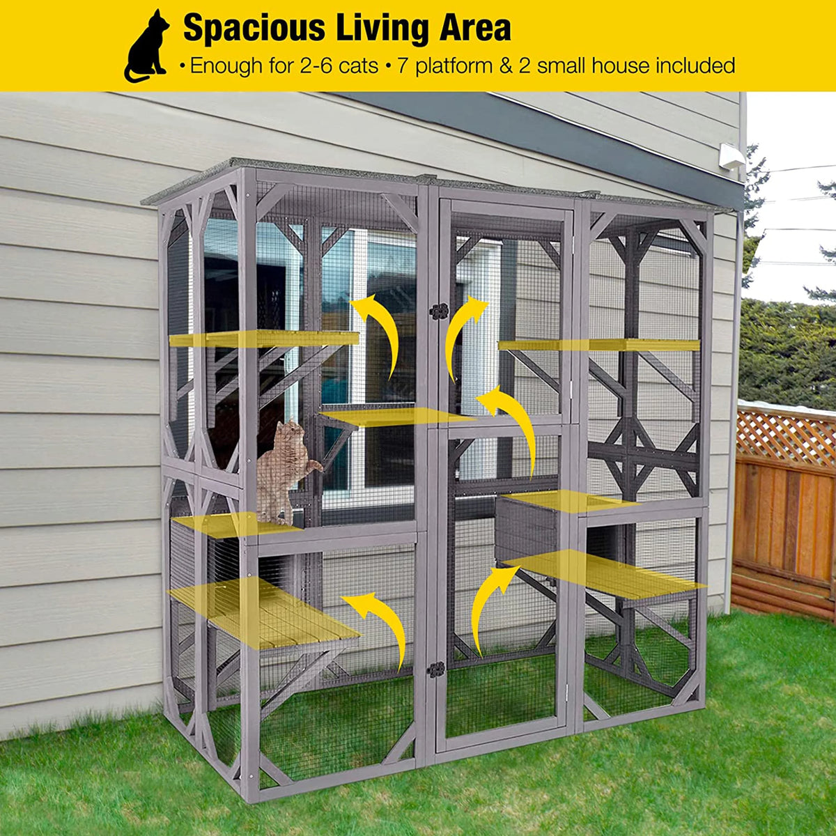 Cat Enclosure, 5-Platform Wooden Cat House with Asphalt Roof, 71 in M1900