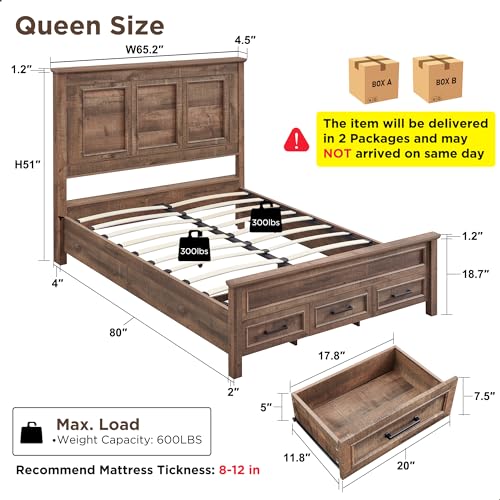 Antique Brown King Size Wood Platform Bed Frame with Headboard and Storage Drawers C81149