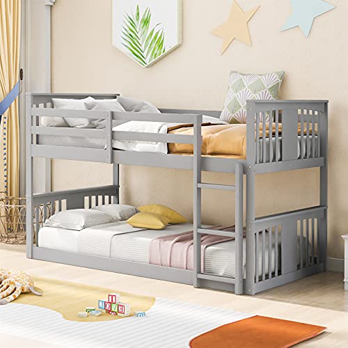 Gray Solid Wood Twin over Twin Bunk Bed with Ladder and Guard Rail V9137