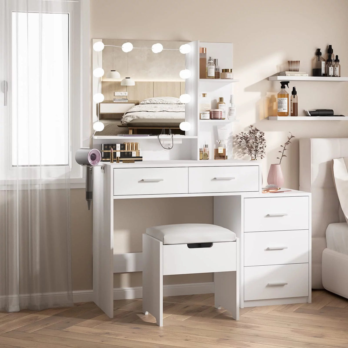 Modern Vanity Table Set with Lighted Mirror, 5 Drawer White G670173