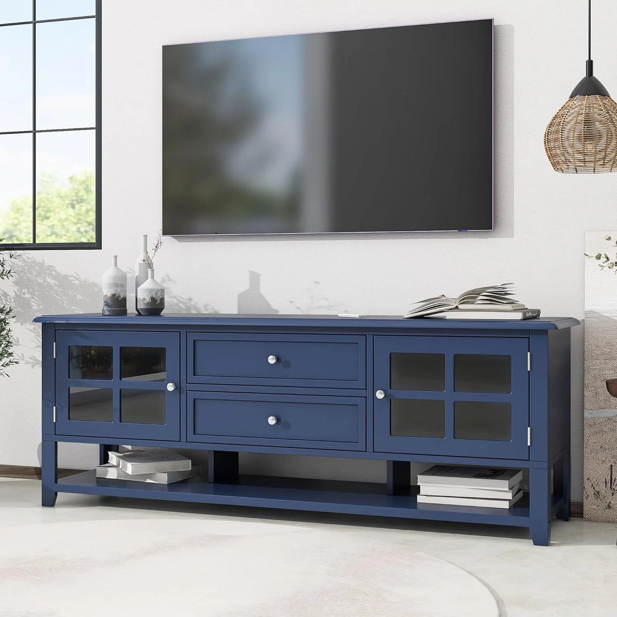 Blue TV Stand with 2 Drawers and Doors V554