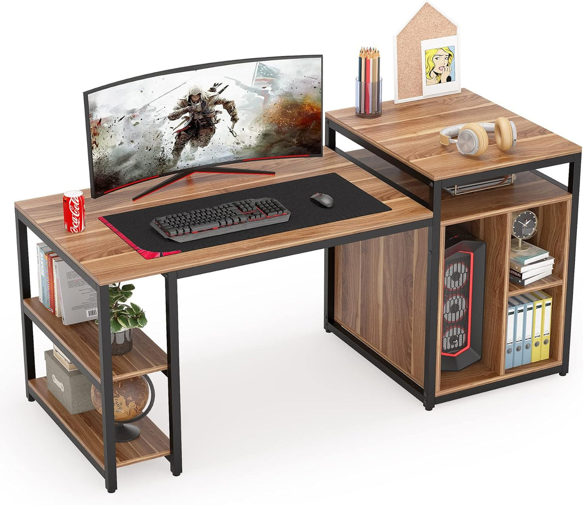 Extra Large Computer Desk with Storage Shelf and Cabinet, Dark Walnut O80800