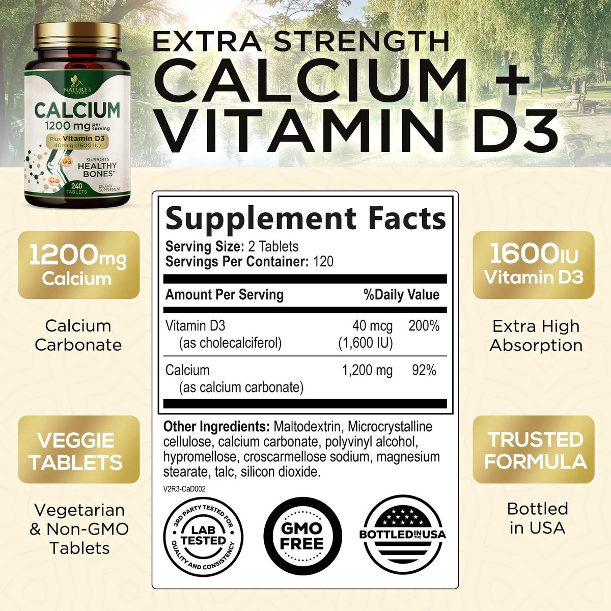 240 Tablets Calcium 1200 mg with Vitamin D3 Dietary Supplement N7780