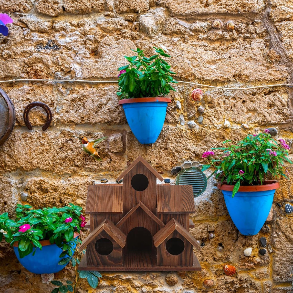 6 Hole Handmade Natural Wooden Bird House G19337