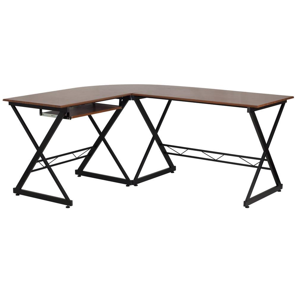 Brown L-Shaped Computer Desk with Keyboard Tray A366057