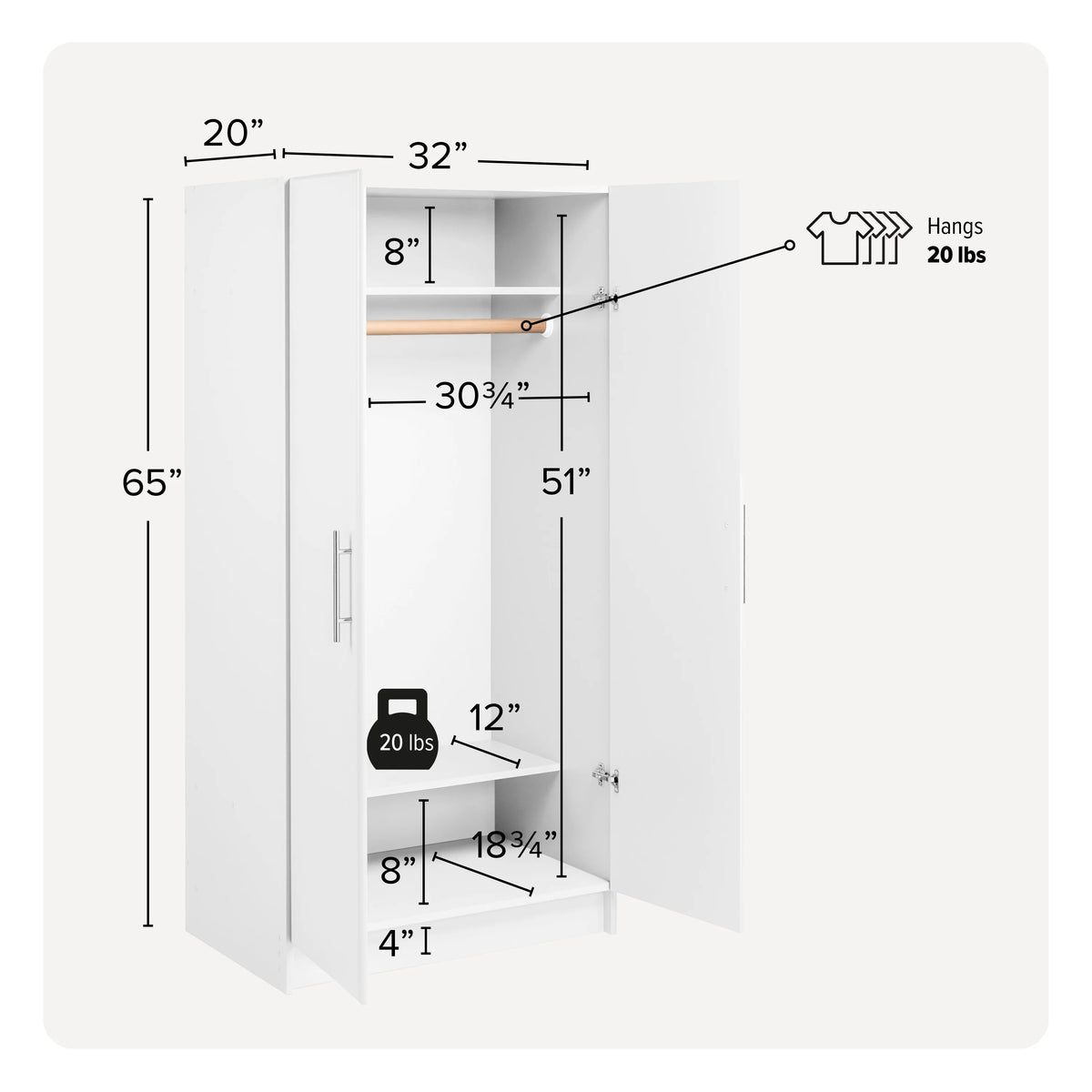 White Wardrobe Closet with Hanging Rail Y1967