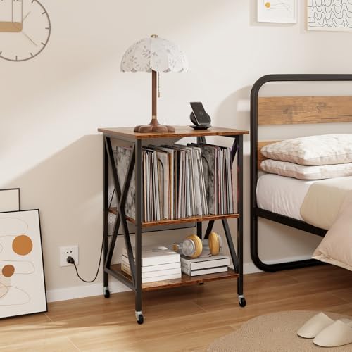 Rustic Brown Record Player Stand with Record Storage F921