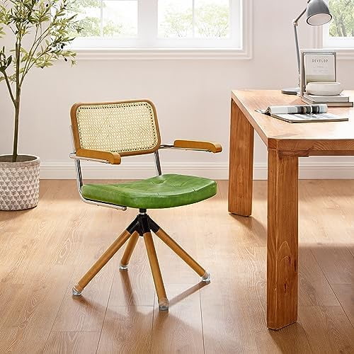 Rattan Faux Leather Office Chair with Wood Legs D781