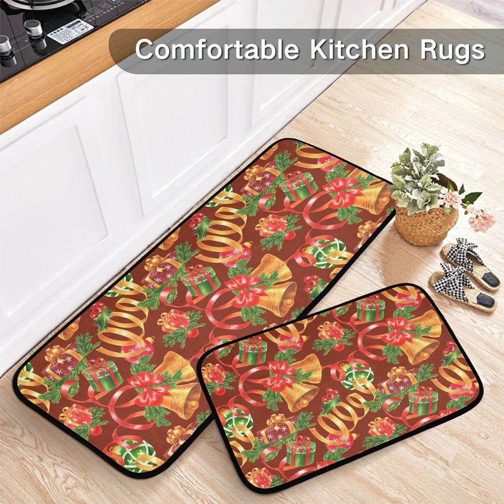 Christmas Jingling Bells Kitchen Mats Set of 2 Anti Fatigue Non Slip Floor Runner Rug 19.7x27.6 Inch + 19.7x47.2 Inch I790