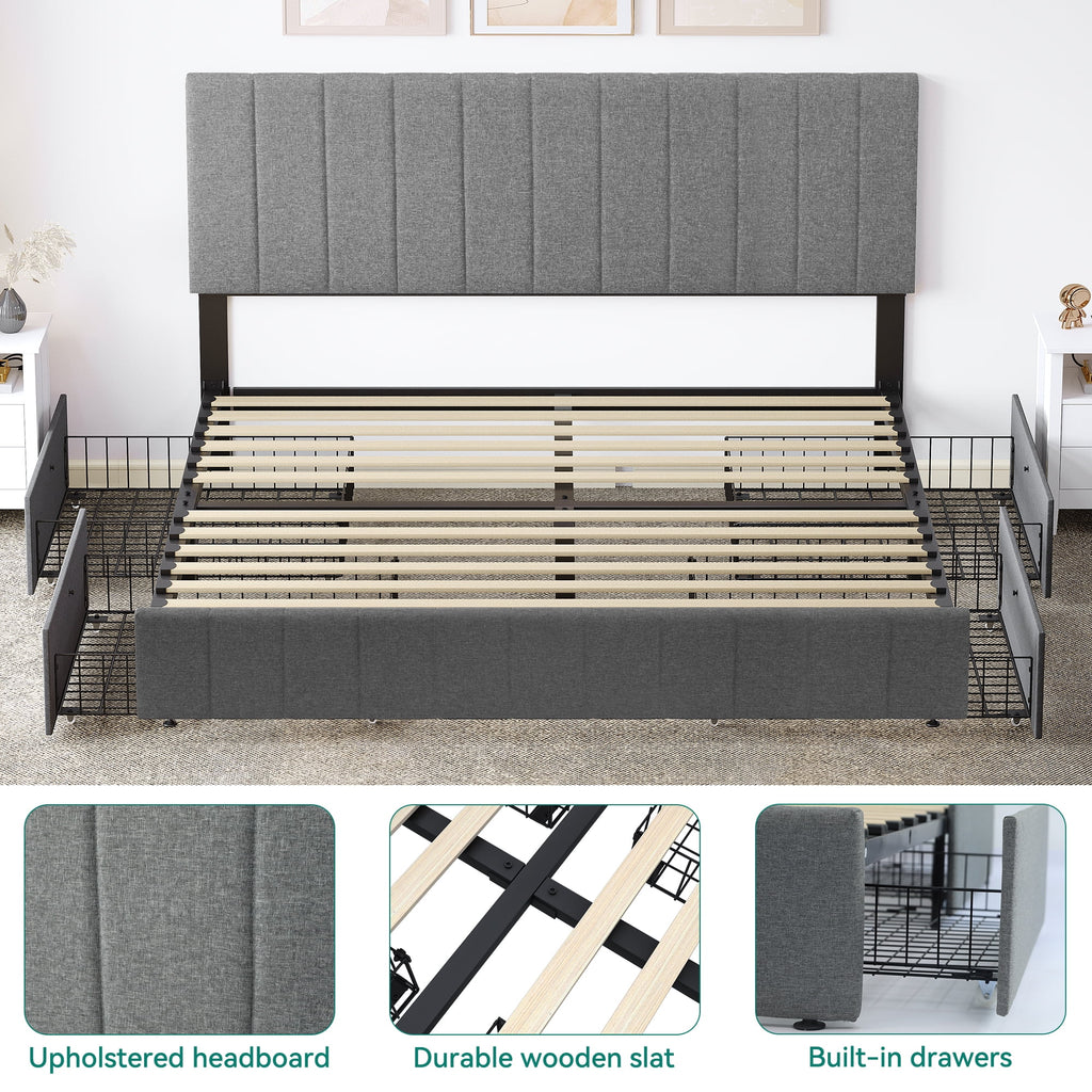 King Size Upholstered Bed Frame with 4 Storage Drawers R781