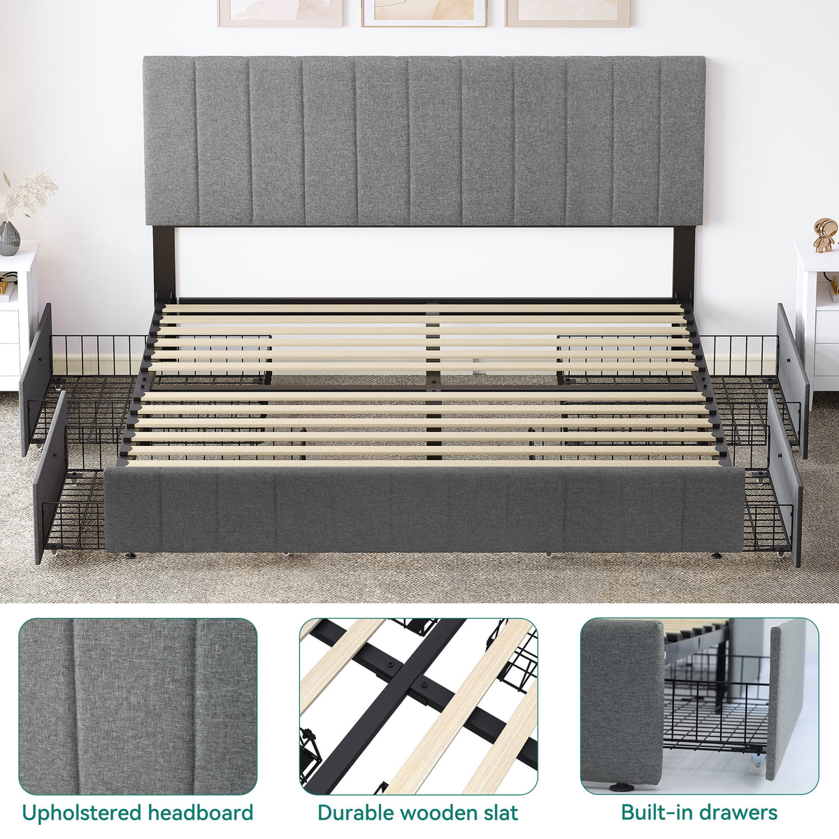 King Size Upholstered Bed Frame with 4 Storage Drawers R781