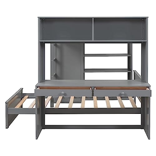 Twin Size Loft Bed with Built-in Desk & Wardrobes, Wood Bedframe with 4 Drawers & 4 Shelves, Gray F9468
