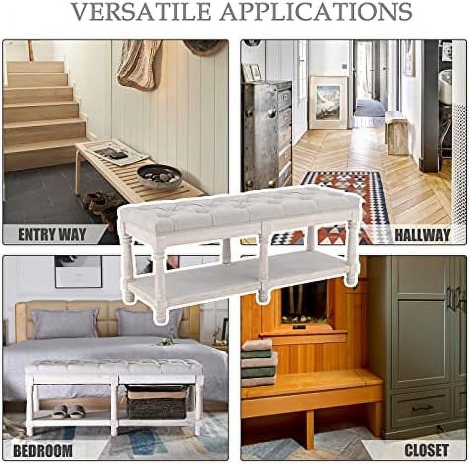 Beige Tufted Wood Entryway Bench S153
